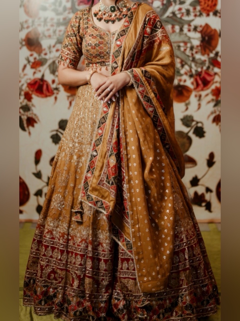 Mustard Gold Embroidered Lehenga with Maroon Accents (Indian Lengha)